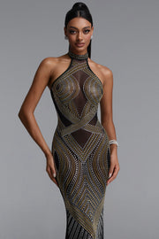 Zelda Gorgeous Halter Sleeveless Rhinestone Stretch Knit Maxi Dress